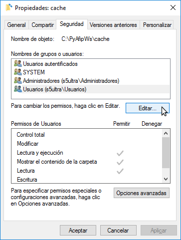 Propiedades, solapa seguridad (carpeta cache) Windows 10